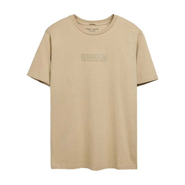 T-shirt en coton beige uni avec le nom de la marque à la poitrine et à col rond beige <span itemprop=