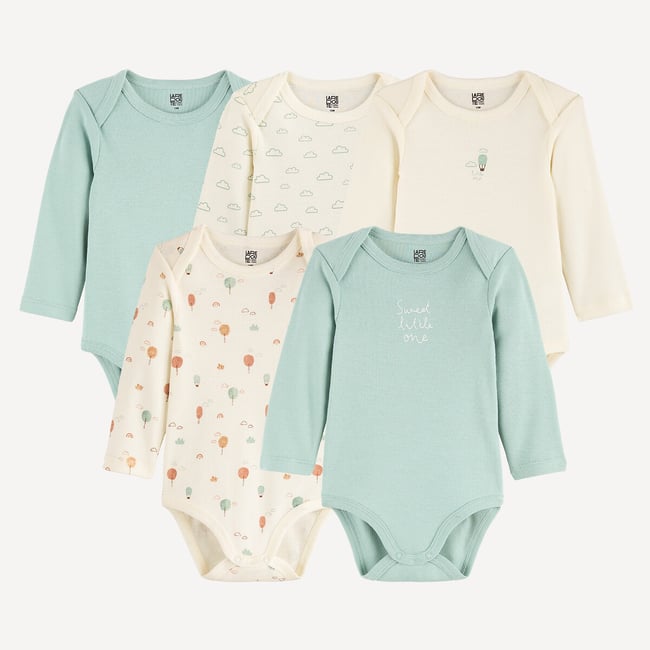Zestaw 5 body z długim rękawem i kopertowym dekoltem w stylu Nature w kolorze ecru + niebieski LA REDOUTE COLLECTIONS