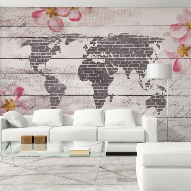 Papier peint intissé panoramique Carte du monde Romantic World Couleur gris / argent <span itemprop=