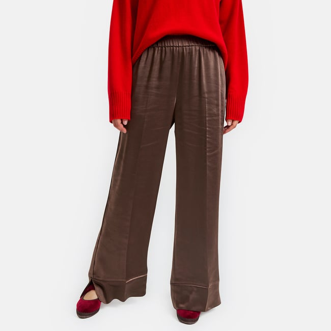 Pantalon large, à taille élastiquée, en satin marron <span itemprop=