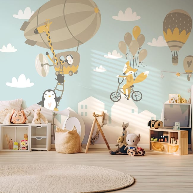 Papier peint enfant animaux en montgolfiere Couleur intissé <span itemprop=
