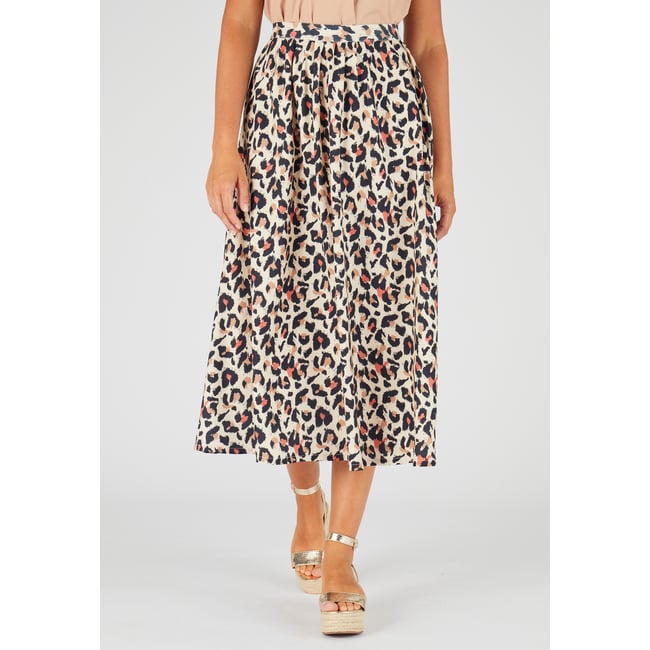 Jupe à fronces en fibres viscose Lenzing(TM) marron beige animalier <span itemprop=
