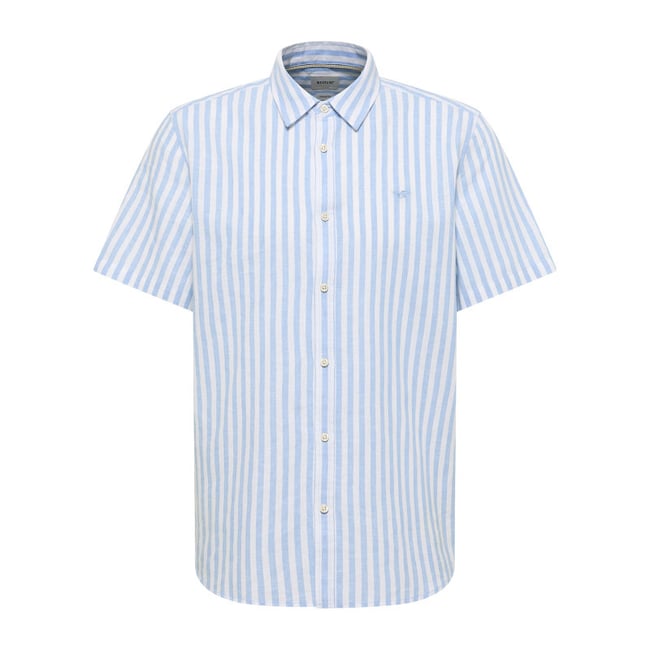 Chemise en coton et lin mélangé ciel à rayures pourvue de manches courtes bleu clair <span itemprop=