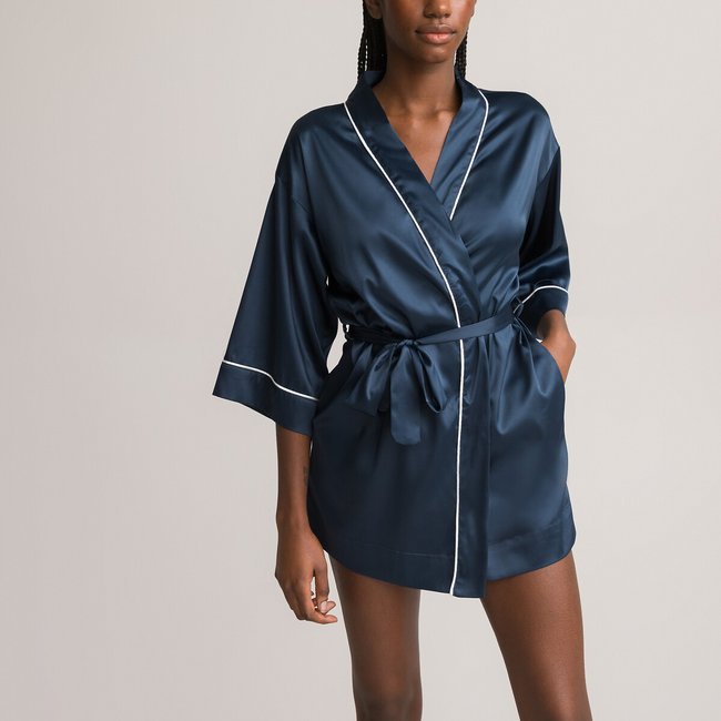 Satin Kimono with 3/4 Length Sleeves, navy, ANNE WEYBURN