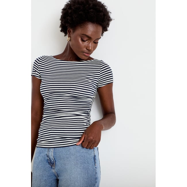 Top ajusté col bateau manches courtes blanc <span itemprop=