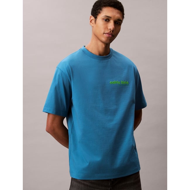 Logo Print T-Shirt with Short Sleeves, blue, CALVIN KLEIN JEANS