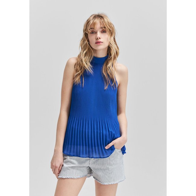 Ärmellose Bluse mit Stehkragen saphirblau <span itemprop=