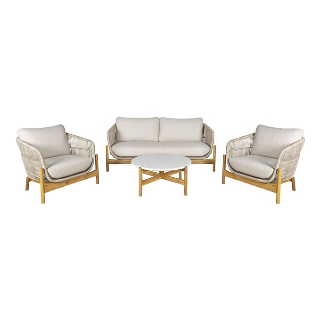 Salon de jardin en bois d'acacia et corde (1 canapé, 2 fauteuils, 1 table basse ronde) MENDOZA beige <span itemprop=