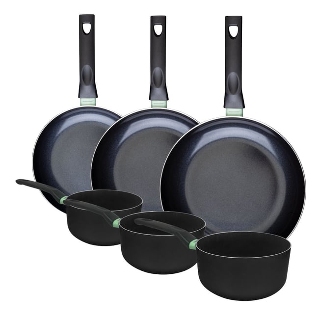 Batterie 3 poêles 24/28/30cm + 3 casseroles 16/18/20cm BRANDAO noir|vert <span itemprop=