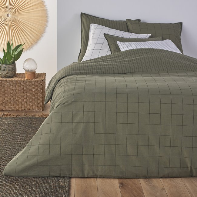 Housse de couette coton lavé, Monille imprimé kaki <span itemprop=