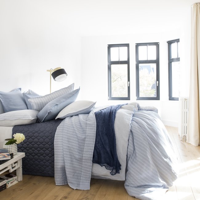 Housse de couette imprimée en lin, ULYSSE bleu denim <span itemprop=