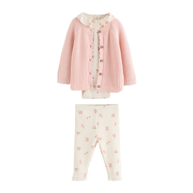 Cardigan bébé, ensemble 3 pièces body fleuri blanc, legging avec maille rose <span itemprop=
