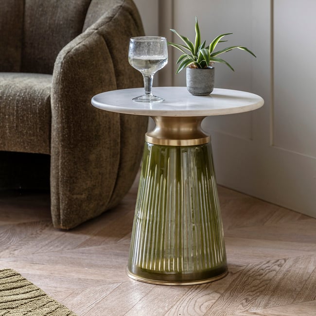 Spencer Glass and Marble Pedestal Side Table, gold-coloured, SO'HOME