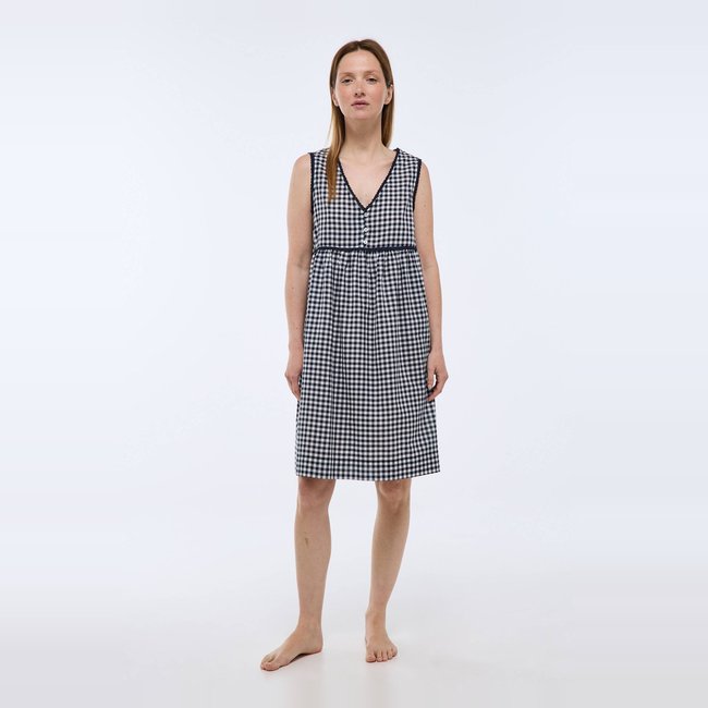 Chemise de nuit vichy en voile de coton bio GOTS marine <span itemprop=