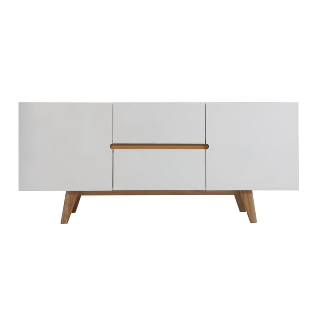 Buffet scandinave blanc laqué brillant et finition bois clair 2 portes 2 tiroirs L160 cm MELKA Couleur blanc <span itemprop=