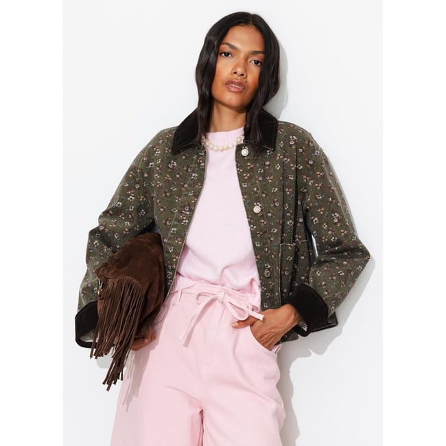 Veste workwear fleurie imprimé kaki <span itemprop=