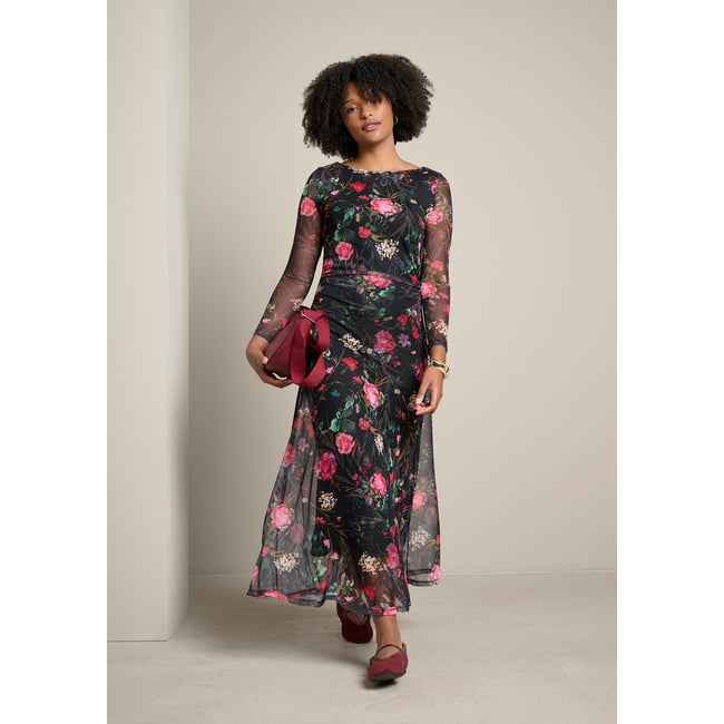 Robe midi drapée fleurie noir <span itemprop=