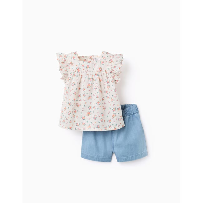 Chemisier à motif floral et short en jean beige clair <span itemprop=