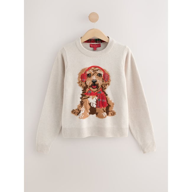 Pull motif chien tartan crème <span itemprop=