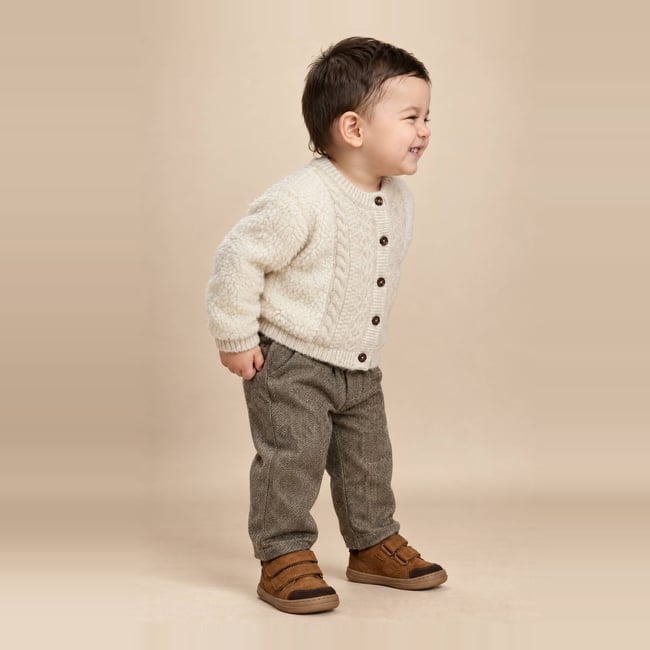 Cardigan bi-matière en sherpa et tricot uni naturel <span itemprop=