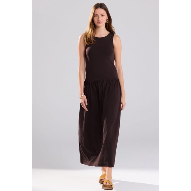 Robe longue en jersey à taille basse marron <span itemprop=