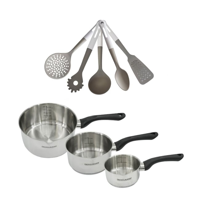 Batterie de cuisine 3 casseroles 12/16/20cm + 5 ustensiles VARIO inox|noir <span itemprop=