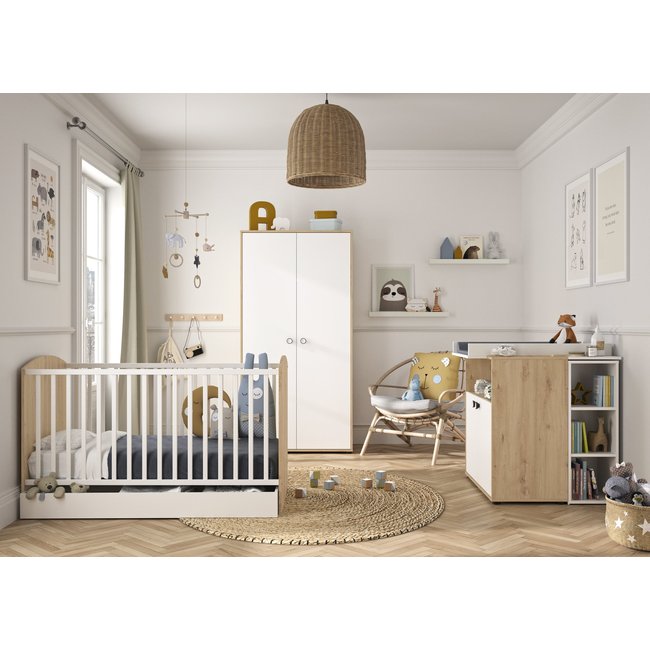 Trio chambre lit+commode+armoire ARTHUR Couleur beige <span itemprop=