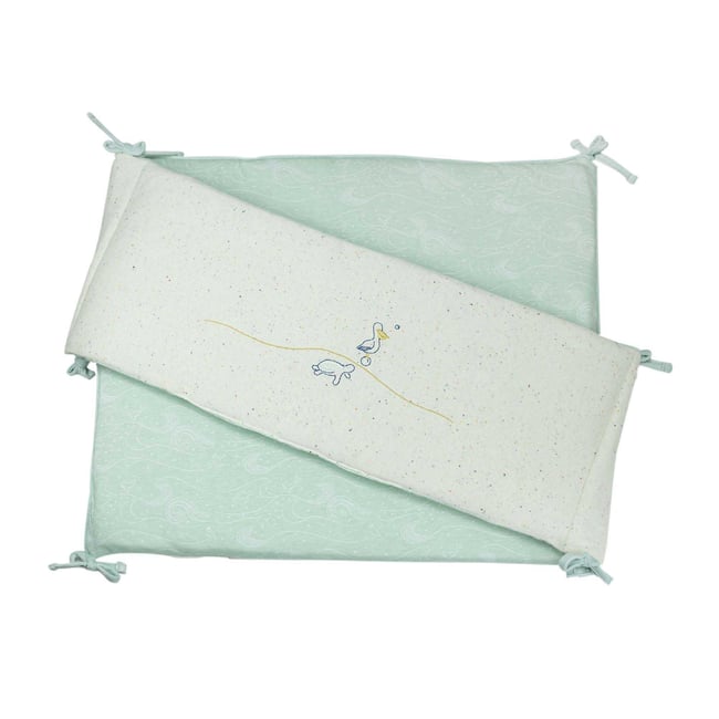 Tour de lit bébé - Réversible vert d'eau et beige crudo <span itemprop=