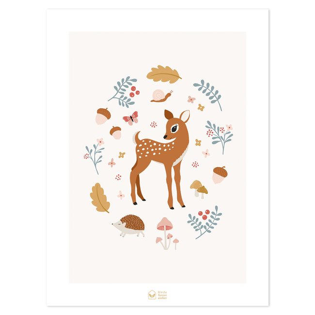 Affiche enfant joli faon JÖRO Couleur marron, bleu, rose <span itemprop=
