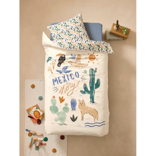 Parure housse de couette + taie d'oreiller MEXICO STORY, avec coton recyclé multicolore <span itemprop=