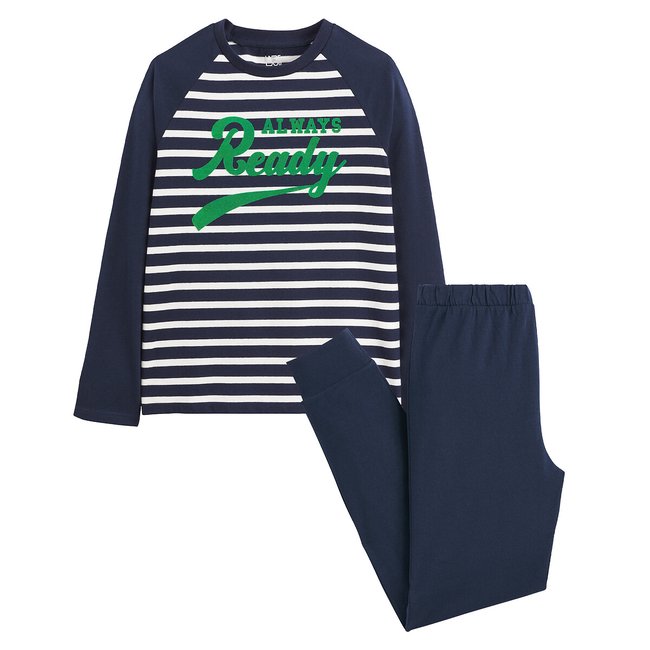 Pijama às riscas, em jersey, texto estampado marinho <span itemprop=