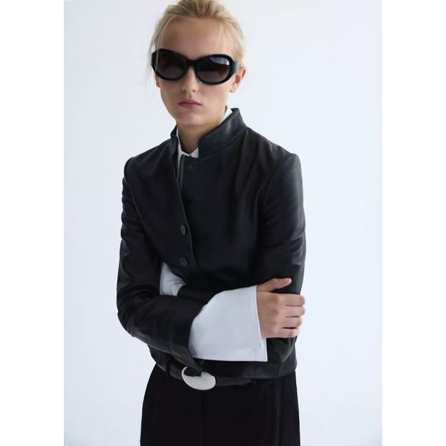 Veste cuir col officier noir <span itemprop=
