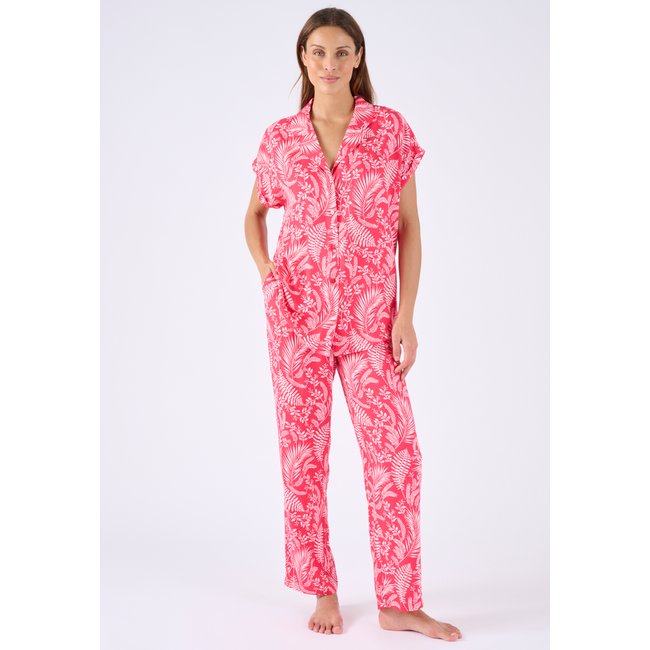 Pyjama en pure viscose rose feuillage <span itemprop=
