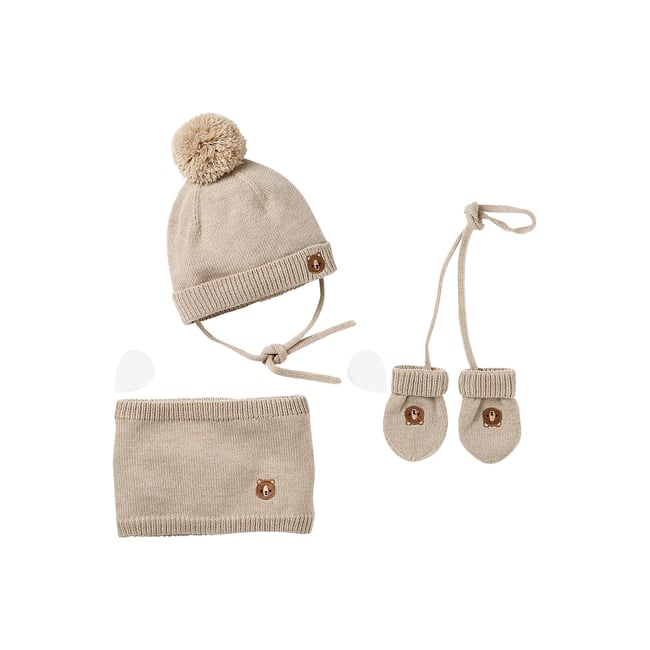 Ensemble bonnet, snood et moufles beige <span itemprop=