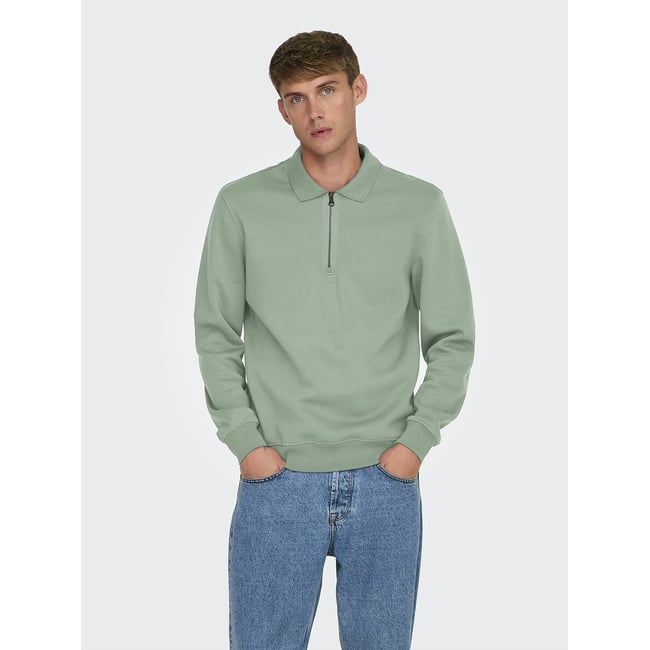 Sweat col chemise demi-zippé vert <span itemprop=