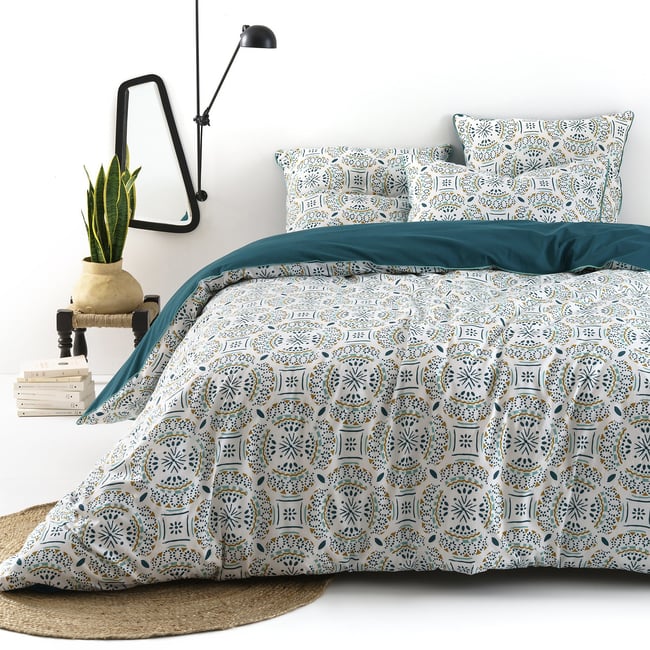 Housse de couette pur coton, Keyiah imprimé bleu/vert <span itemprop=
