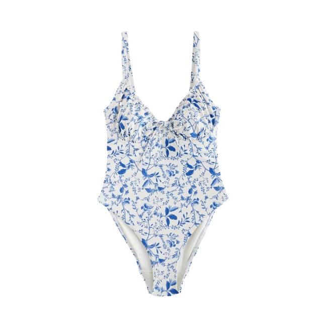 Maillot bain gainant non rembourré dd+ crème/bleu à petits motifs floraux <span itemprop=