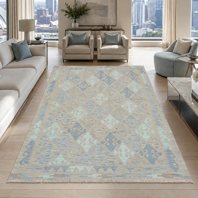Tapis d'orient au motif géométrique, tissage plat naturel, KILIM 18 Couleur bleu, beige, vert <span itemprop=
