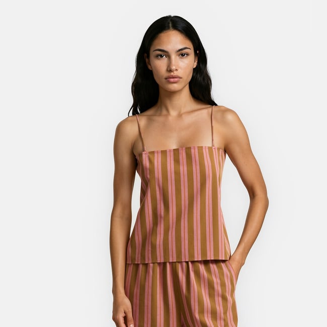 Top rayé à fines bretelles en coton rayé rose/camel <span itemprop=