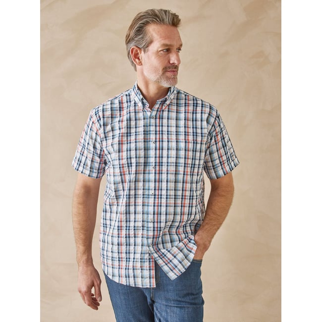 Chemise tissu léger et gaufré carreaux corail/bleu <span itemprop=