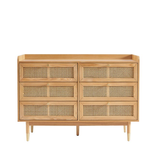 Commode 6 tiroirs en bois et cannage L120cm - BOMBONG Couleur bois clair <span itemprop=