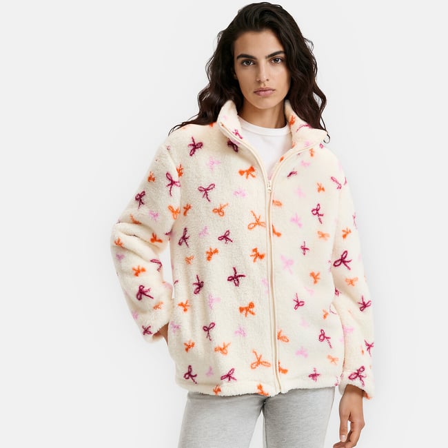 Bow print sherpa lounge jacket, printed, SO'HOME