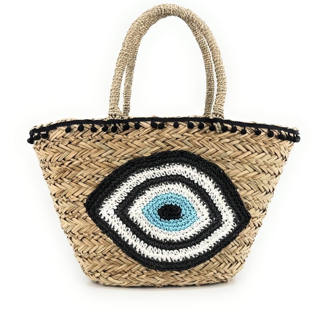 Panier en paille et broderies MATI noir <span itemprop=