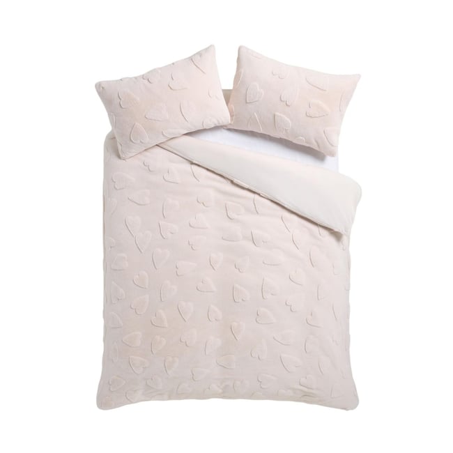 Parure de lit en imitation fourrure à motif cœur rose <span itemprop=