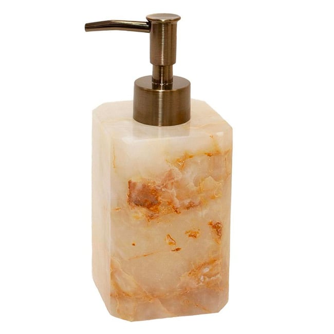 Distributeur de savon en marbre beige rectangulaire 7x7x18cm Couleur beige <span itemprop=