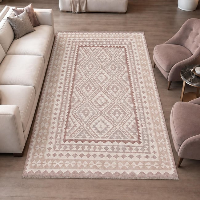 Tapis kilim géométrique, tissé plat en laine, KILIM 67 Couleur crème, beige, rose <span itemprop=