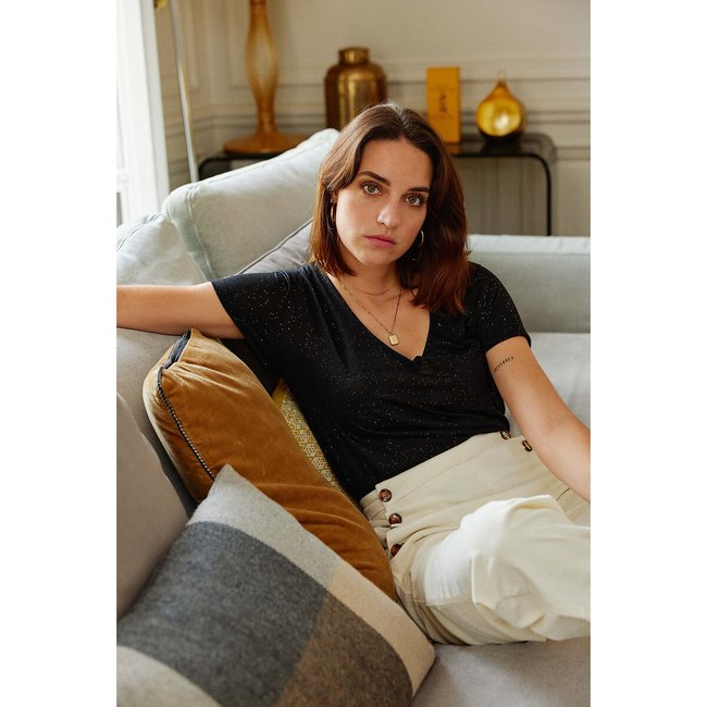 T-shirt ELVIE scollo a V maniche corte paillettes nero LA PETITE ETOILE