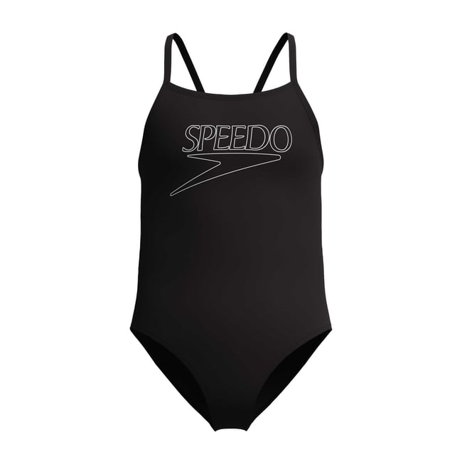 Maillot de bain 1 pièce à bretelles fines motif/style logo noir <span itemprop=