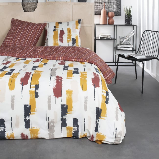 Parure de lit 2 personnes imprimé géométrique coton SUNSHINE CHANE rouge <span itemprop=