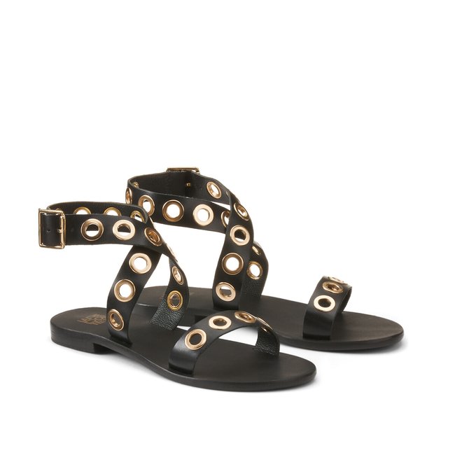Sandales à œillets en cuir, bride cheville noir <span itemprop=